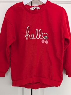 5/$35 H&M Red Hello Sweatshirt Girls 6-8Y Cherry Embroidery Crewneck